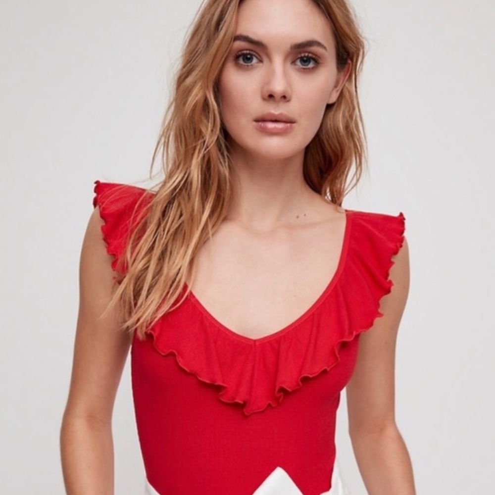 NEW WILFRED Danette Red Ribbed Modal Ruffle Thong Bodysuit, Size M